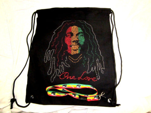 BOB MARLEY RASTA ONE LOVE BEADED DRAWSTRING BAG BACKPACK+BOB MARLEY LANYARD-NEW!