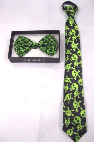 KIDS TEENS BLACK&GREEN SKULLS&CROSSBONES ADJUSTABLE BOW TIE+PRE-TIED NECKTIE-NEW