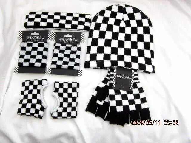 Black&White Checker Knitted Skull Beanie Ski Cap,Gloves,Headband&2Pr Sweatbands