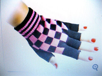 BLACK PINK CHECKERED PATTERN PUNK GOTHIC FINGERLESS CUTOFF GLOVES-NEW!
