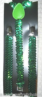 Unisex Forest Green Dark Green Sequin Sequence Adjustable Y-Back suspenders-New!