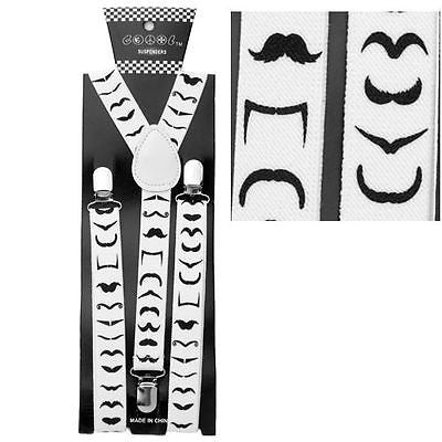 Black Mustaches on White SUSPENDERS Y-Back Adjustable Suspenders-Brand New!