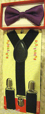 Solid Blue Kids Boys Girls Y-Back Adjustable Bow Tie&Black Kid suspenders-New!