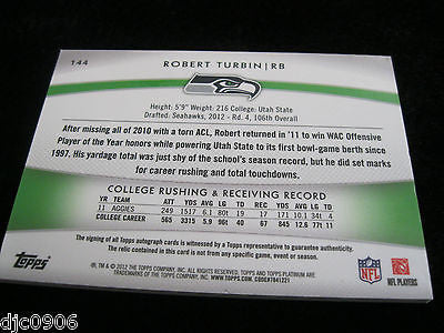 Robert Turbin RC 2012 Topps Platinum 2Clr Patch/Autograph Auto#/1058 Rookie Card