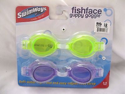 2 Pairs of Fishface Dolphin Swim Goggles Neon Yellow+Purple Soft Eye Cups-New!