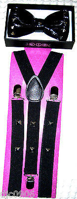 BLACK STUDDED LEATHER TUXEDO ADJUSTABLE BOWTIE & STUDDED ADJUSTABLE SUSPENDERS