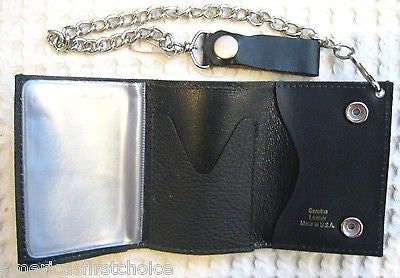 Goth Punk Trucker Biker Chain All Leather Wallet w/ Red Broken Head Skull Wings