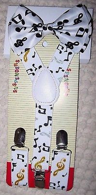 Kids Boys Girls Black with white musical notes  Y-Back Adjustable suspenders-New