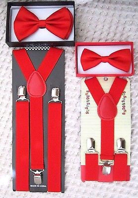 Father & Son 2 Layer Red Adjustable Bow Tie & Red Adjustable Suspenders Combo