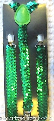 Unisex Forest Green Dark Green Sequin Sequence Adjustable Y-Back suspenders-New!