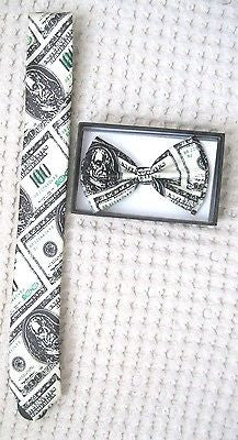 Benjamins Money 100 Dollar Bill Adjustable Bow Tie & Shinny $100 Bill Necktie