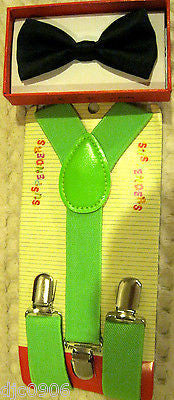 Black Kid's Boys Girls Y-Style Back Adjustable Bow Tie & Green Kid suspenders