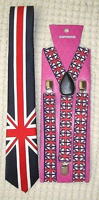 UK British Flag Y-Back Suspenders,UK Skinny Neck Tie & UK British Bow Tie-A1