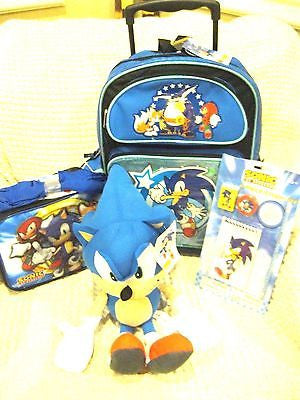 Blue Sonic the Hedgehog Rolling Backpack,Sonic Lunchbox,4pc Study Kit,&Plush