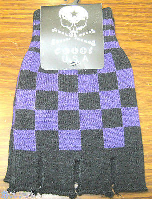 BLACK PURPLE CHECKERED PATTERN PUNK GOTHIC FINGERLESS CUTOFF GLOVES-NEW!
