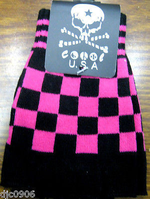 BLACK PINK CHECKERED PATTERN PUNK GOTHIC FINGERLESS CUTOFF GLOVES-NEW!