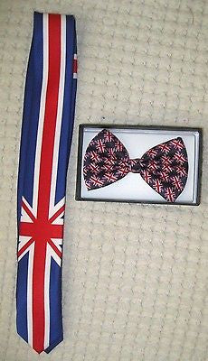 UK British Flag Skinny Neck Tie & UK British Adjustable Bow Tie Combo-A7
