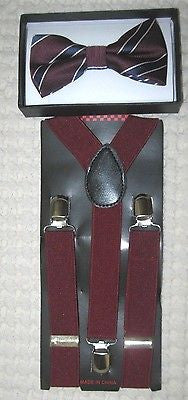 Unisex Burgundy Navy Blue Stripe Bow Tie & Burgundy Y-Back Adjustable Suspenders