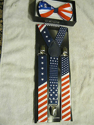 1 1/2" US Flag Patriotic Red White Blue Stripes Suspenders&matching Bow Tie-New