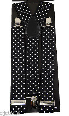 1"  WHITE WITH BLACK POLKA DOTS Adjustable Y-Style Back suspenders-New in Pkge!