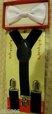 Solid Blue Kids Boys Girls Y-Back Adjustable Bow Tie&Black Kid suspenders-New!