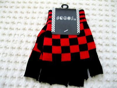BLACK RED CHECKERED PATTERN PUNK GOTHIC FINGERLESS CUTOFF GLOVES-NEW!