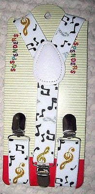 Kids Boys Girls Black with white musical notes  Y-Back Adjustable suspenders-New
