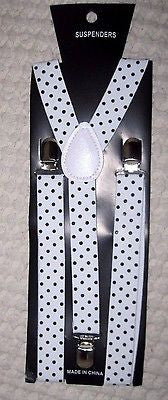 1"  WHITE WITH BLACK POLKA DOTS Adjustable Y-Style Back suspenders-New in Pkge!