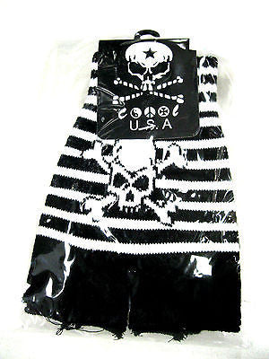 BLACK WHITE STRIPED SKULL CROSSBONES KNIT FINGERLESS GLOVES WINTER WOMENS MEN