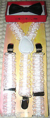 Pink Kids Boys Girls Y-Style Back Adjustable Bow Tie&White Pink Lace suspenders