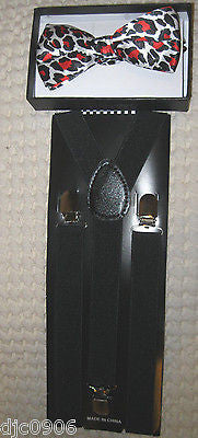 Red Black White Leopard Adjustable Bowtie&Black Adjustable Suspenders Combo-New!