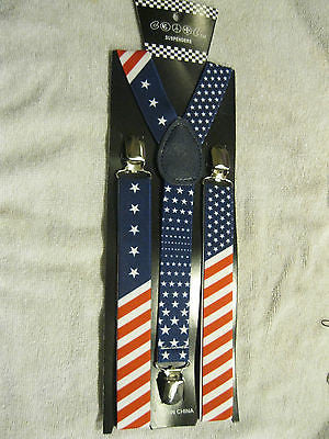 American Flag Suspenders,Lanyard,Blue Tie &Red,White,Blue Stripes Bow Tie-New!