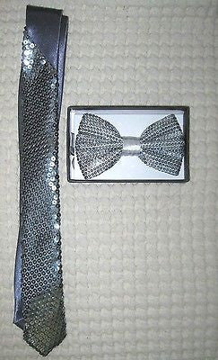 Silver Gray Sequin Neck tie & Gray Silver Sequin Adjustable Bow tie Combo Set-v2