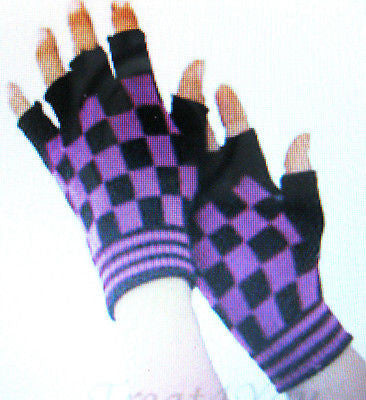 BLACK PURPLE CHECKERED PATTERN PUNK GOTHIC FINGERLESS CUTOFF GLOVES-NEW!