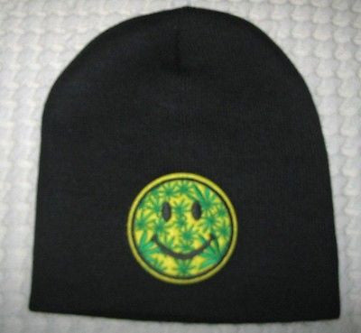 A Large Yellow Smiley Face with Green MJ Weed Leaves on Black Hat Cap Beanie-New