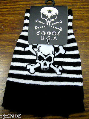 BLACK WHITE STRIPED SKULL CROSSBONES KNIT FINGERLESS GLOVES WINTER WOMENS MEN