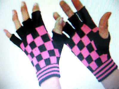 BLACK PINK CHECKERED PATTERN PUNK GOTHIC FINGERLESS CUTOFF GLOVES-NEW!