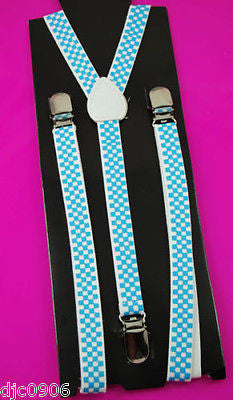 Unisex Thin 3/4"Turquoise Blue Checkered Adjustable Y-Style Back suspenders-New