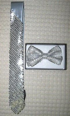 Silver Gray Sequin Neck tie & Gray Silver Sequin Adjustable Bow tie Combo Set-v1