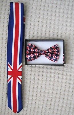 UK British Flag Skinny Neck Tie & UK British Adjustable Bow Tie Combo-A5