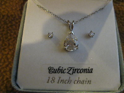18" Sterling Silver Necklace & Solitaire Cubic Zirconia  Earrings Combo Set-NIB!
