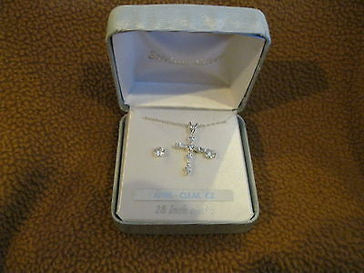 18" Sterling Silver Necklace w/April CZ Stud Crucifix/Cross+Matching Earrings