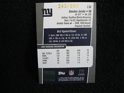 BRANDON JACOBS RC 2005 BOWMAN BEST AUTO ROOKIE 243/999 BLUE SHARPIE-GIANTS RB RC
