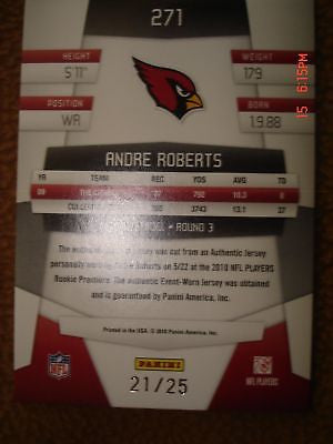 ANDRE ROBERTS 2010 CERTIFIED 3-COLOR PATCH RC#21/25-CARDINALS ROOKIE CARD