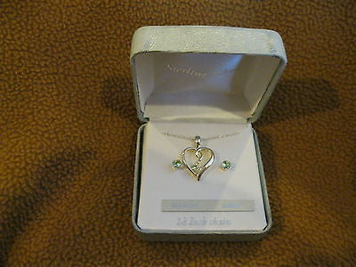 18" Sterling Silver Necklace with March Aqua Sterling Heart Pendant+Earrings