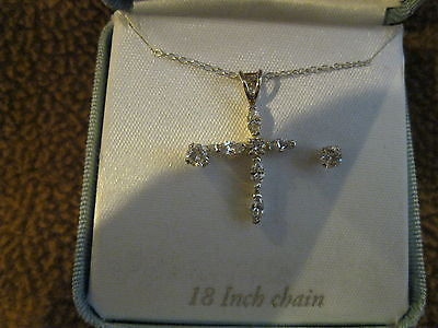 18" Sterling Silver Necklace w/April CZ Stud Crucifix/Cross+Matching Earrings