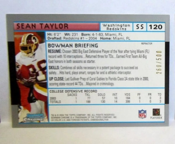 Sean Taylor RC 2004 Bowman Chrome REFRACTOR Rookie#260/500!Redskins S RC Star