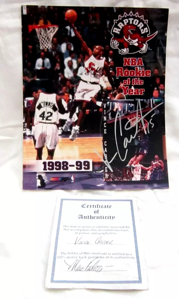 Vince Carter 8x10 Rookie Autographed Photograph on 1998 NBA approved Photo COA--A