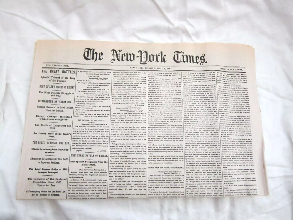 NEW YORK TIMES, JULY 6, 1863-THE GREAT BATTLES-ROUTE OF LEE'S FORCES NEWSPAPERS--A