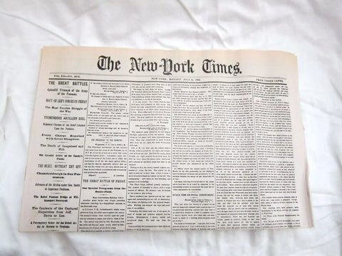 NEW YORK TIMES, JULY 6, 1863-THE GREAT BATTLES-ROUTE OF LEE'S FORCES NEWSPAPERS--A